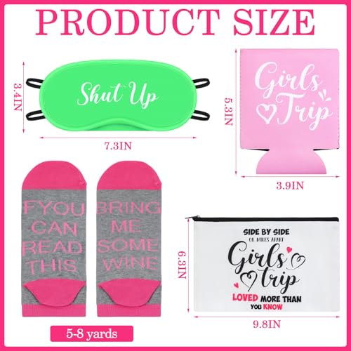 Girls Trip Gift Set with Socks, Eye Masks, Cosmetic Bags & Can Sleeves - Party Favor Kit