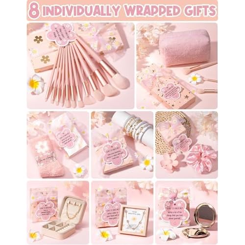 Easter Basket Gifts for Tween & Teen Girls, 8 PCS Birthday Gift Teenage Girl Gifts Trendy Stuff w/Fun Task Tag Makeup Brushes & Bag, Empower Positive Wrapped Gift Prefilled Stuffers for Daughter Niece