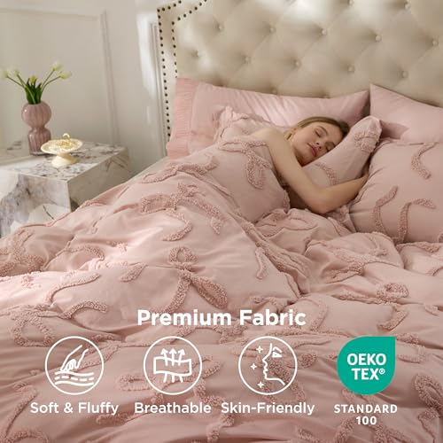 Full Size Pink Comforter Set with Bow Embroidery – 3 Pieces Tufted Rose Pink Bedding