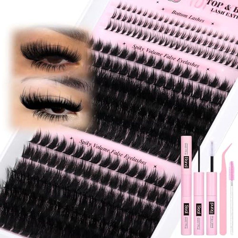Fluffy Lash Clusters Kit with Bottom Lashes Spikes Cluster Eyelash Extension 10-22MM Volume Lash Extension Kit with Bond and Seal Lash Glue, Lash Tweezers DIY at Home for Beginner Eyelash Brush