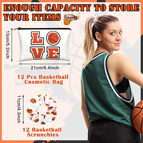Basketball Theme Cosmetic Bags & Satin Hair Scrunchies Set - White, Classic Style