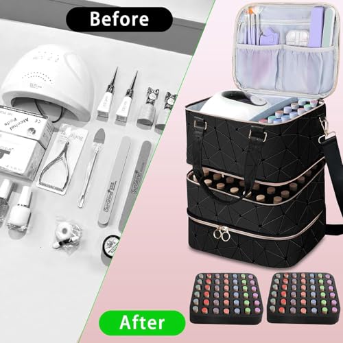 Yttriuny Black Nail Polish Organizer with UV Lamp & Manicure Tools, Holds 84 Bottles