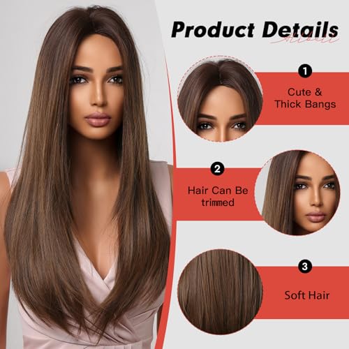 Allbell Long Straight Brown Wigs for Women 24 Inch Heat-Resistant Synthetic Hair - Dark Brown, Layered, Natural Look, Party & Halloween