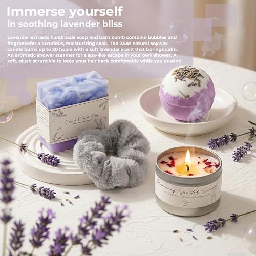 Birthday Gifts for Women - Lavender Spa Gift Basket for Birthday, Get Well Soon, Sympathy - Hug in a Box with Insulated Mug for Mom, Her, Friend, Sister, Wife - Purple & Grey