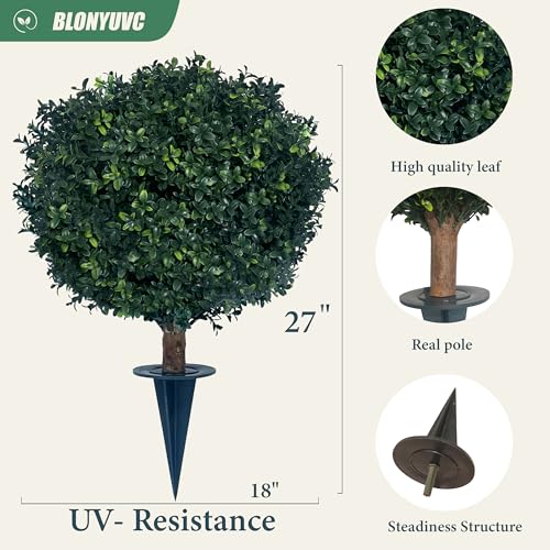 KYESYES 27" Artificial Boxwood Bush Balls with Spike - UV & Weather Resistant, 2 Pack, Green - Indoor/Outdoor Garden Decor