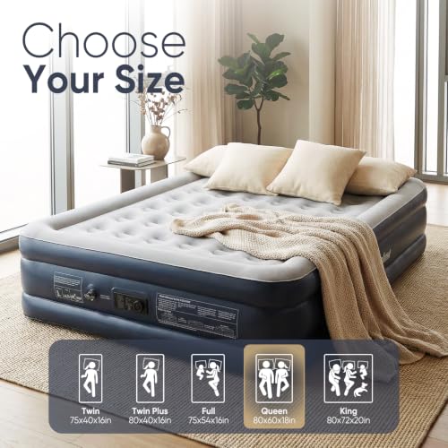 Queen Air Mattress with Built-in Pump - Grey, 18-Inch Raised Bed