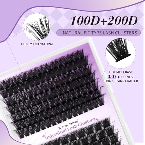 WENDY LASHES 100D+200D Eyelash Extensions 119PCS Wispy Lash Cluster 12-16mm Fluffy Eyelashes DIY D Curl Lash Extension Cluster for Beginners