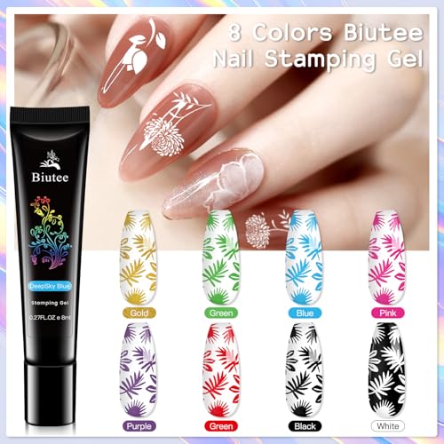 28PCS Nail Stamping Kit with 16 Plates, 8 Gel Polish Colors & Stamper - Nail Art Set