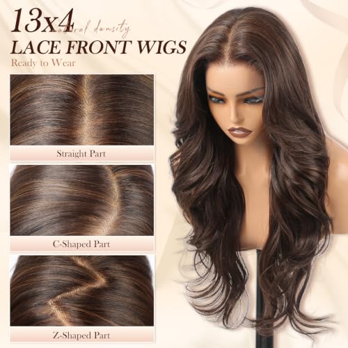 24 Inch Brown Lace Front Wig for Women HD Glueless Pre-Plucked Synthetic Hair
