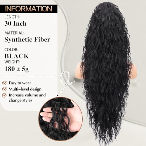 30 Inch Black Curly Ponytail Extension with Claw Clip - Long Wavy Hairpiece for Women