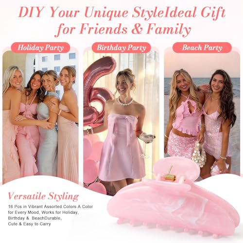 Large 16 Pack Non-Slip Hair Claw Clips for Women - Durable & Colorful Hair Accessories
