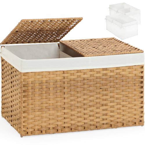 Large PE Rattan Storage Basket with Lid - Natural, 160L Capacity, with Removable Linings