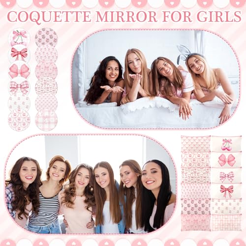 Chunful 24 Pcs Coquette Bow Party Favors 12 Canvas Makeup Bags 12 Aesthetic Compact Mirror Zipper Pouch Round Pocket Mirrors for Women Guests Quinceanera Party Favors(Pink,Cute Style)
