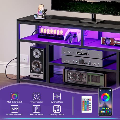 HOOBRO 65-Inch TV Stand with Charging Station – 4-Tier Open Media Console, Black