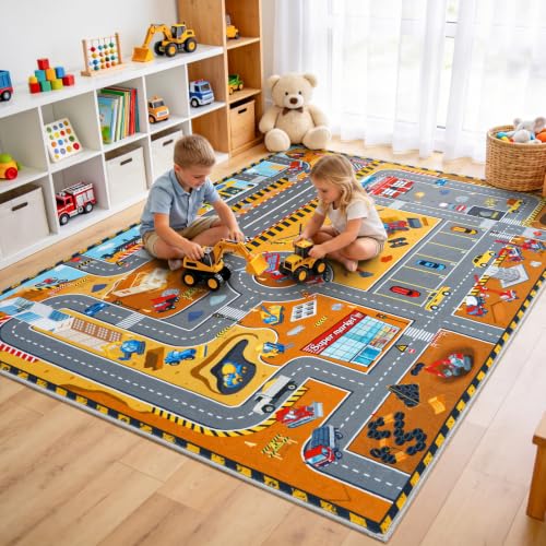 Kids Construction Site Play Rug 6x9 ft Brown Interactive Playroom Mat