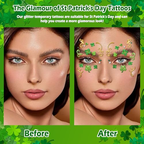 Yosca 6Pcs St Patricks Day Temporary Tattoos, Green Clover Face Stickers for St. Patrick's Day Glitter Makeup, Self Adhesive Shamrock Face Tattoos Art Sticker for Parade Irish Party Rave Accessories