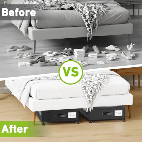 Under Bed Storage Containers with Wheels - 4 Pack, Clear Lids, Black