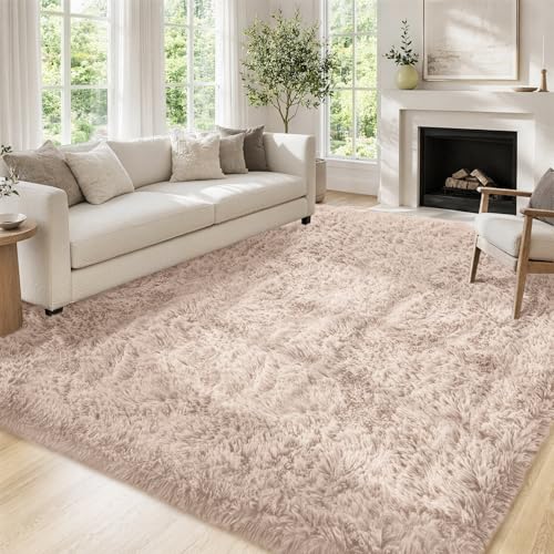 8x10 Beige Shag Area Rug - Ultra Soft Fluffy Bedroom & Living Room Carpet with Non-Slip Backing