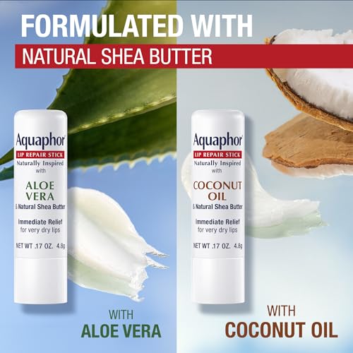 Aquaphor Naturally Inspired Lip Repair Stick Four (4) Pack with Shea Butter, Lip Balm Set, Coconut Oil, Two (2) 0.17 Oz + Two (2) Aloe Vera, 0.17 Oz