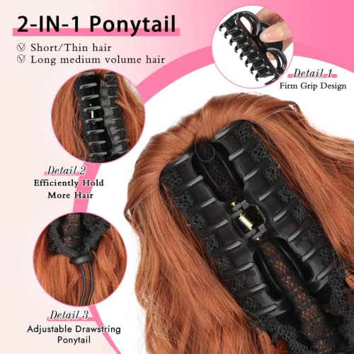 Isaic 30 Inch Claw Clip Ponytail Extension Ginger Copper - Volumizing Wavy Hairpiece for Thin Hair
