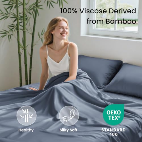 King Size Bamboo Rayon Sheet Set - Bluish Grey, Deep Pocket, Cooling & Soft