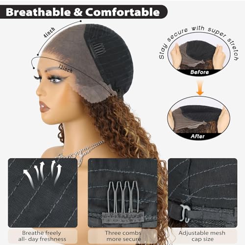 Synthetic Lace Front Wig 24 Inch Curly Ombre Brown Blonde with Variation of Same Ombre with Highlights