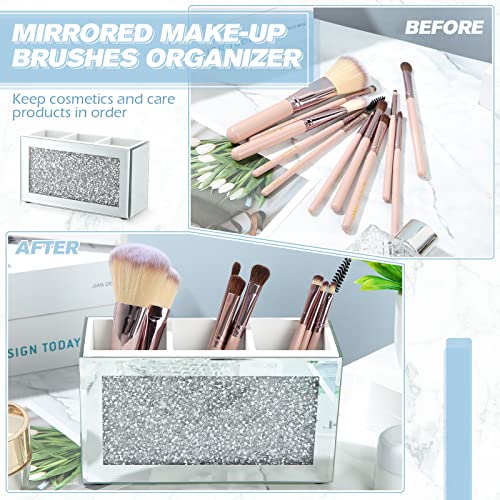 Mirrored Makeup Brush Holder with Crushed Diamond 3 Slots - Vanity Organizer