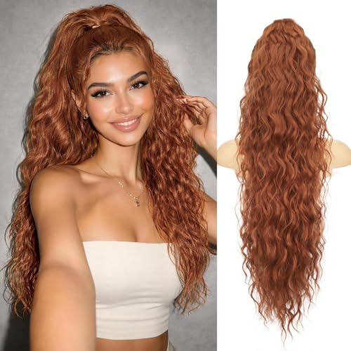 Isaic 30 Inch Claw Clip Ponytail Extension Ginger Copper - Volumizing Wavy Hairpiece for Thin Hair
