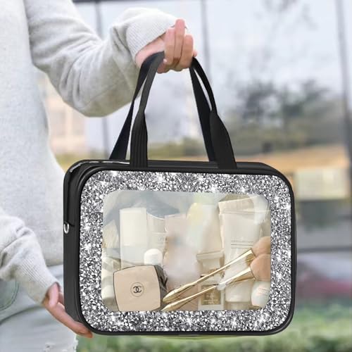 Meetart Diamond Black Clear Makeup Bag with Detachable Shoulder Strap - Travel Toiletry Organizer