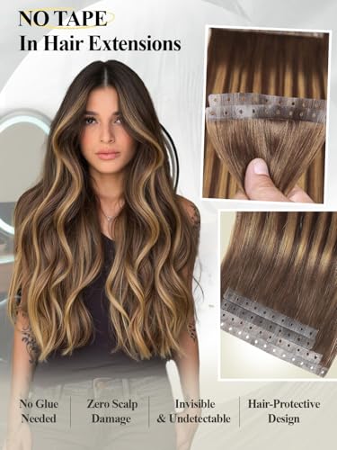 Hair Extensions T4/27 Honey Blonde Highlight 12 Inch 30g - Invisible PU Tape-in, Remy Human Hair, Beaded & Glueless - Female
