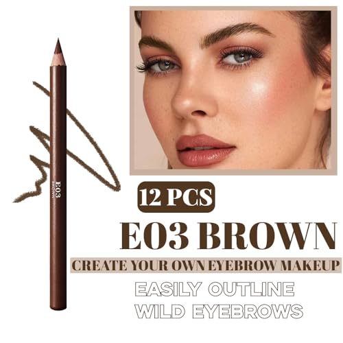 12Pcs Light Brown Eyebrow Pencils for Women, Wooden Hard-Core Eyebrow and Eyeliner Pencil, Long Lasting Waterproof and Sweat-Proof, Beginner Makeup Brow Pencil (Light Brown)