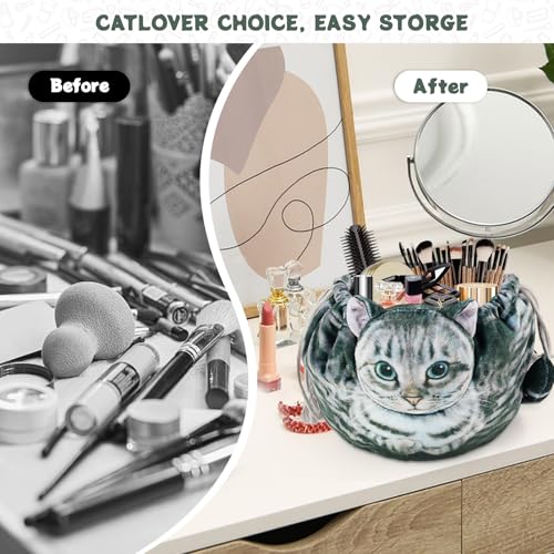 Cat Shaped Drawstring Makeup Bag for Women - Grey Feline Cosmetic Organizer