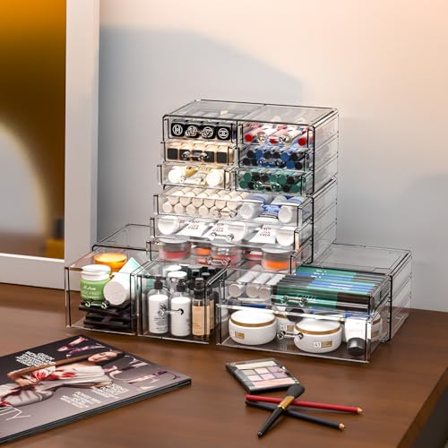 Large 13-Drawer Clear Acrylic Makeup & Hair Organizer – Stackable, Multi-Use Storage