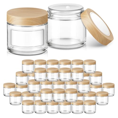 2 oz Glass Jars with Plastic Woodgrain Lids, Bumobum 48 pack Round Clear Cream Jars with Black and White Labels & Inner Liners, Empty Cosmetic Containers for Cream, Lotion, Ointment