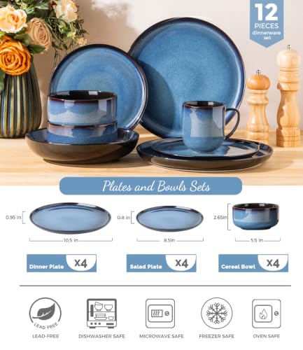 LeRatio Ceramic Dinnerware Set for 4 - Modern Blue 12 Pieces, Plates & Bowls