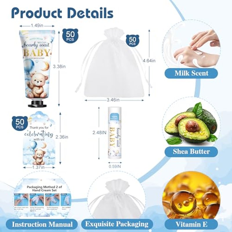 50 Pack Lip Balm and Hand Cream Bulk Gifts Sets, Baby Shower Party Favors and Bridal Shower Favors for Guests with Thank You Card and Organza Gift Bags, Thank You Gifts Bulk, Baby Shower Prizes (Bear)