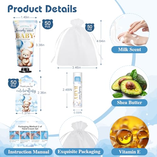 50 Pack Bear Lip Balm and Hand Cream Gift Sets for Baby Shower & Party Favors - Coconut & Milk Scent, KONEUK