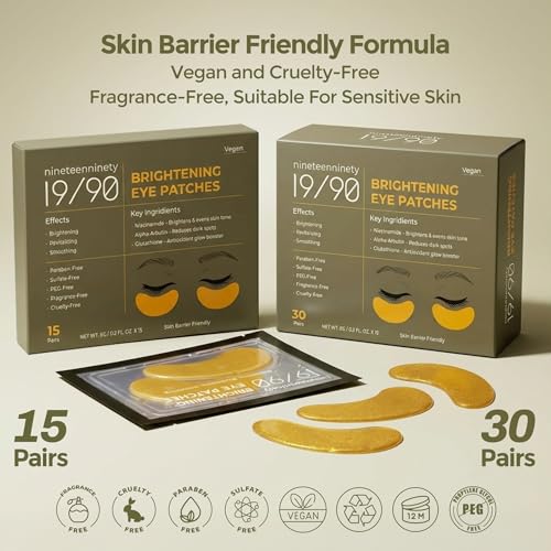 19/90 Under Eye Patches for Dark Circles & Puffiness ? Hydrogel Eye Masks with Caffeine, Niacinamide & Collagen ? Helps Reduce the Look of Bags & Fine Lines, Gold, (15 Pairs)