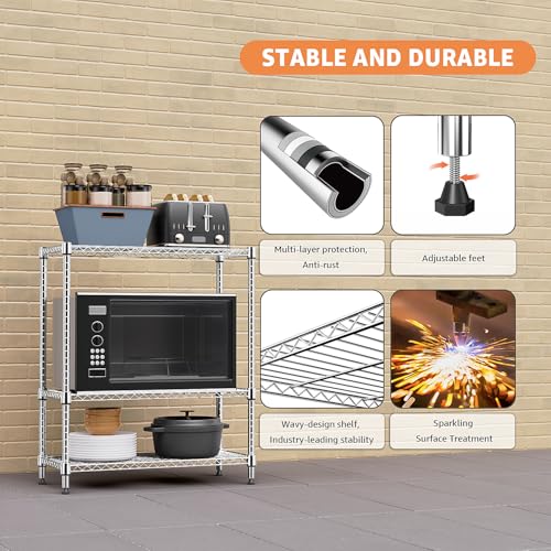 Chrome 3-Tier Metal Wire Storage Rack - 750 lbs Capacity, Adjustable Shelves