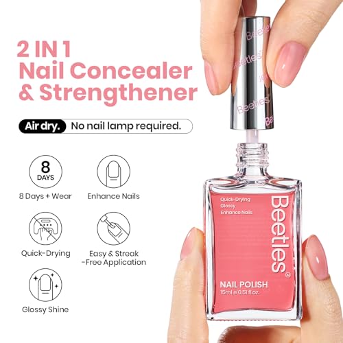 Beetles Nail Strengthener, Jelly Pink Nail Natural Concealer Foundation Polish Sheer Pink Air Dry Nail Growth Polish for Damaged Nails Imperfection Masking Gifts for Women 15ml