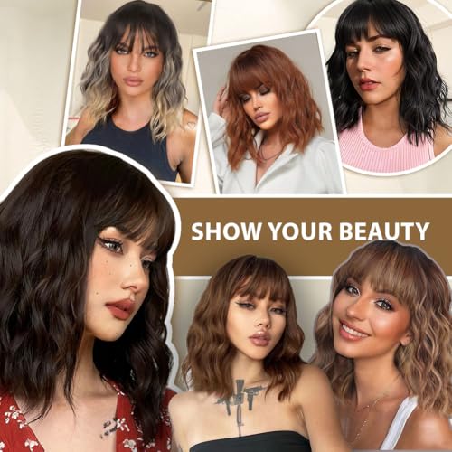 LOSOMEEER Short Wavy Bob Wig with Bangs - Honey Blonde Highlight, 14 Inch, Heat-Resistant Fiber