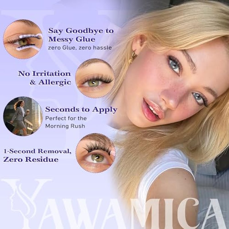 Magnetic Eyelashes with Applicator ? Easy Snap-On Magnetic Lashes for Beginners, Natural Cat Eye Look, No Glue No Liner, Reusable Lightweight Strip Lashes by Yawamica