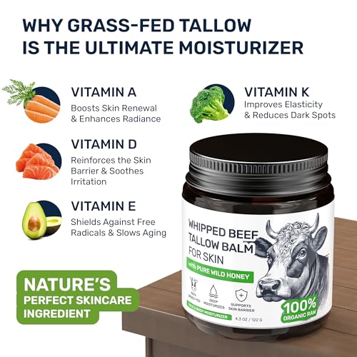 Beef Tallow for Skin ? Grass Fed Whipped Tallow and Honey Balm, Face and Body Moisturizer with Beeswax and Wild Honey, 3-Ingredient Fragrance Free Non Comedogenic Formula for Dry Sensitive Skin