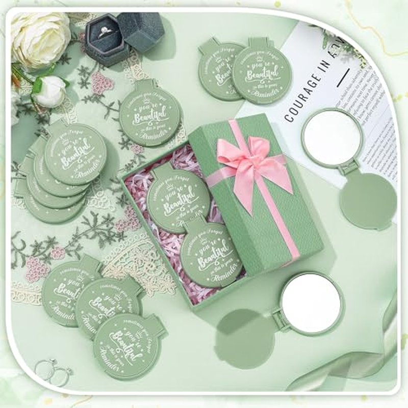 100 Pcs 2.76 Inch Inspirational Compact Mirror Bulk Women Small Gifts Graduation Party Favors Purse Mirror Pocket Mini Stuffer Items for Adult Coworker Cheerleader Employee (Sage Green)