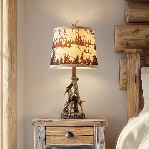 Rustic Deer Antler Table Lamps Set of 2 - Brown Forest Print Shade, Log Cabin Bedroom Nightstand, Western Country Style, 23 Inch