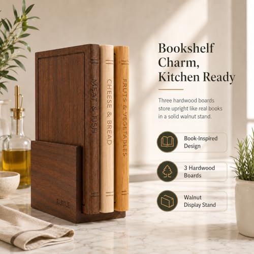 Book Shaped Cutting Board Set - 3 Walnut Boards with Stand - 1Set