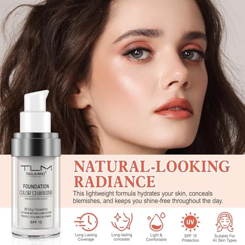 2PCS Flawless Colour Changing Warm Skin Tone Foundation, Naturally Blends Moisturizing foundation makeup, Long Lasting Waterproof Lightweight Liquid Foundation SPF 15 for Face Makeup