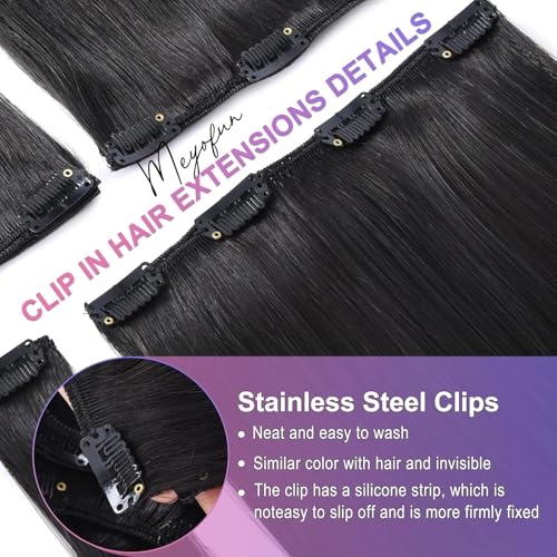 Black 24 Inch Clip-In Hair Extensions - Real Human Hair, 8pcs, 120g, Natural Black