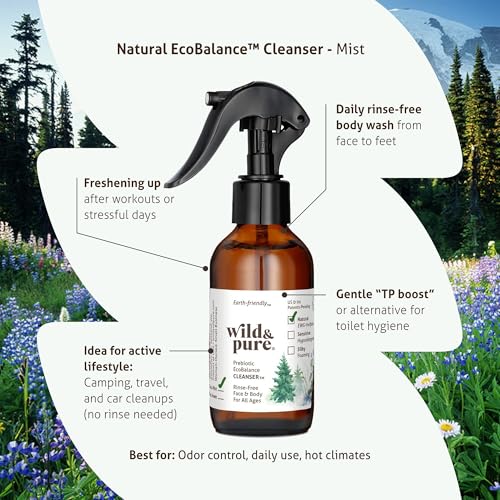 Natural Body Wash Spray 4oz Pack of 2 – Rinse-Free Deodorizer & Moisturizer, pH Balanced, Microbiome-Friendly, Plant-Based, Refillable