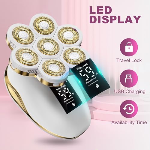 Electric Razors for Women, Wet/Dry 7D Rechargeable Rotary Shaver for Legs, Water Resistant Grooming Kit - Electric Razors for Women, Facial Hair Removal, Bikini Trimmer, Lips - Gentle Hair Remo-Gold